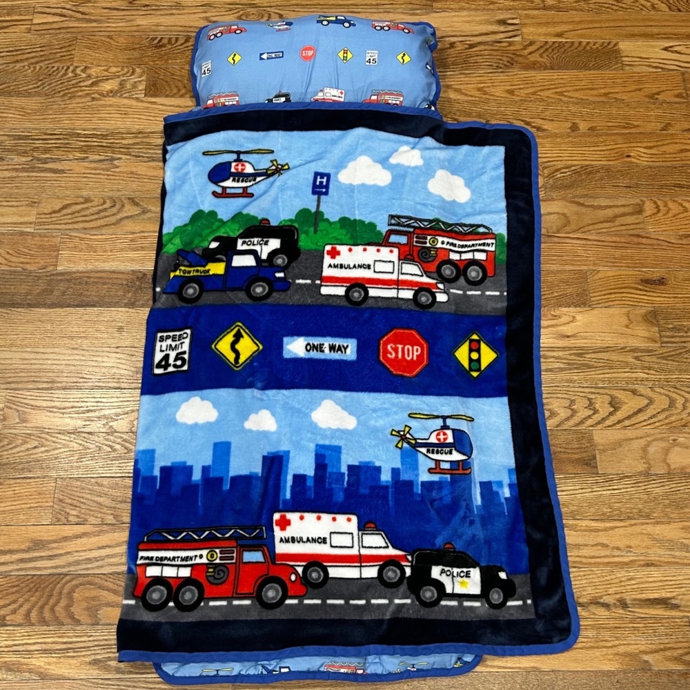 Everyday Kids Toddler Nap Mat with Pillow Rescue Vehicles‎ Fire Truck Blue 47x20